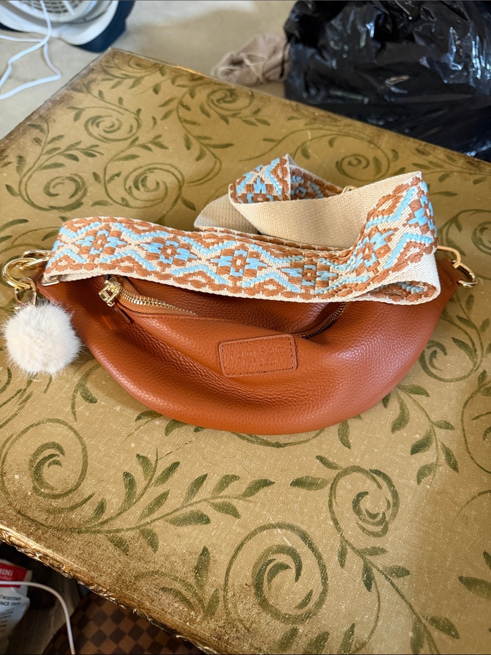 Pom Pom London Tan Leather Crossbody Bag with Patterned Strap
